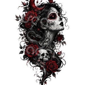 Pode incluir: Ilustração detalhada de uma mulher com maquilhagem estilo Dia de los Muertos, adornada com rosas vermelhas, uma lua crescente e uma serpente. A obra apresenta uma caveira e detalhes intrincados em preto e branco, criando uma estética gótica e artística.