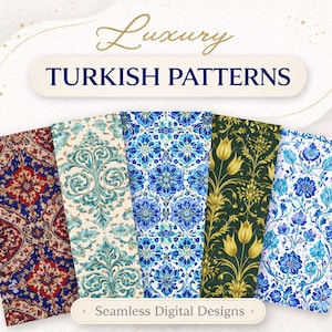 Turkish Seamless Patterns Bundle, Iznik Tile, Kilim, Islamic Floral Design (Digital Download)