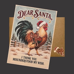 Tarjeta navideña divertida con gallo para parejas, Querido Papá Noel, no entendiste mi deseo, Tarjeta navideña coqueta, Humor para adultos