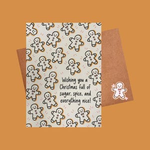 Gingerbread Christmas Card, Handmade Christmas Greeting, Sugar Spice & Everything Nice, Pink Gingerbread