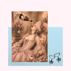 Verjaardagskaart, handgemaakte wenskaart, Marie Antoinette, cake champagne en twijfelachtige beslissingen
