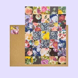 May include: A rectangular greeting card featuring a grid of various floral patterns in shades of pink, yellow, blue, and green on a brown background. A small square with a matching floral design is positioned to the left. The text blank inside is visible.