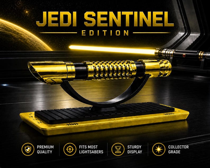 Pode incluir: Um sabre de luz dourado com uma pega preta &eacute; exibido em um suporte preto. O sabre de luz &eacute; rotulado como "Jedi Sentinel Edition". O suporte est&aacute; sobre uma base dourada. A imagem tamb&eacute;m inclui &iacute;cones de qualidade premium, exibi&ccedil;&atilde;o resistente e grau de colecionador.