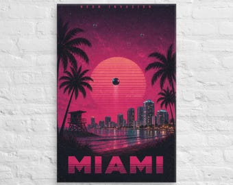 Miami Canvas Wall Art, Retro Neon Skyline Print, Synthwave UFO Beach Decor