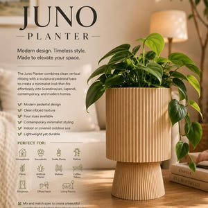 Puede incluir: Una maceta cilíndrica de color beige con textura acanalada vertical y una base de pedestal a juego. La maceta contiene una planta verde. El texto en la imagen dice: JUNO PLANTER, Modern design. Timeless style. Made to elevate your space.