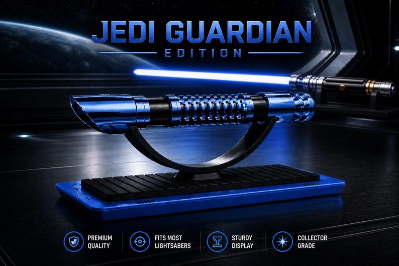 Pode incluir: Um sabre de luz azul com uma pega preta repousa sobre um suporte preto, colocado numa base azul. As palavras "Jedi Guardian Edition" est&atilde;o no topo. Um segundo sabre de luz est&aacute; no fundo. A imagem tamb&eacute;m inclui &iacute;cones e texto.