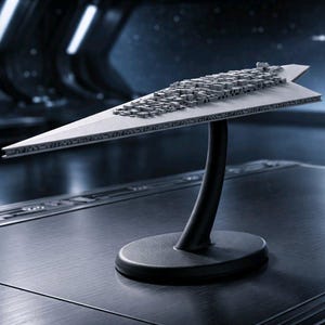 May include: A detailed model of a Star Destroyer spacecraft, in a light gray color, is displayed on a black stand. The model has intricate surface details and is set against a blurred, dark background.