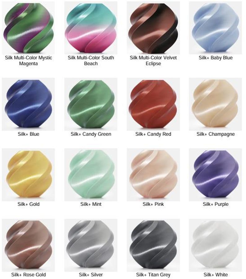 Pode incluir: Uma grade de objetos coloridos impressos em 3D com apar&ecirc;ncia de seda. As cores incluem magenta, azul, verde, vermelho, dourado, rosa, roxo, ouro rosa, prata e branco. Cada objeto tem um design exclusivo em espiral.
