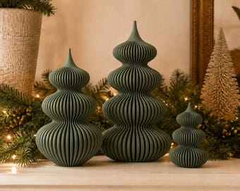 Modern Ribbed Christmas Tree Decor, Optional LED Tealight, Custom Color Holiday Mantel Decoration (3 Sizes)