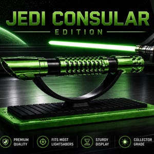 Pode incluir: Um sabre de luz verde com detalhes em preto &eacute; exibido em um suporte preto, colocado sobre uma base verde. O texto "JEDI CONSULAR EDITION" est&aacute; no topo. Um segundo sabre de luz &eacute; vis&iacute;vel ao fundo. Qualidade de colecionador.