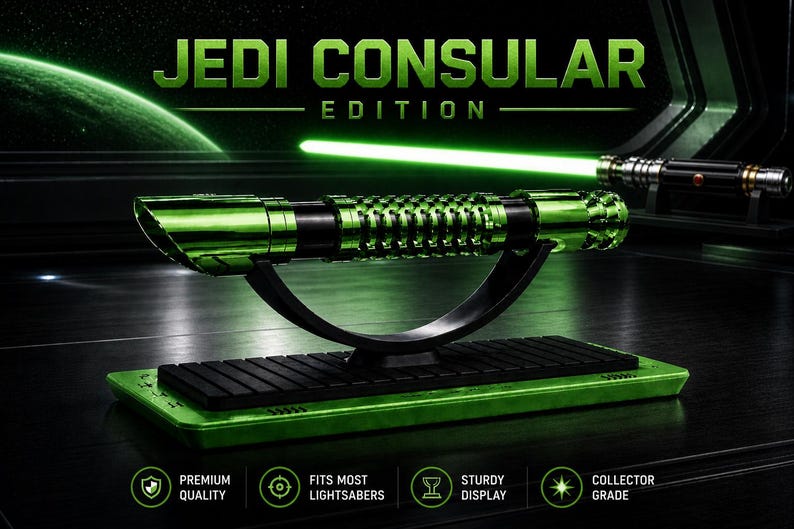 Pode incluir: Um sabre de luz verde com detalhes em preto &eacute; exibido em um suporte preto, colocado sobre uma base verde. O texto "JEDI CONSULAR EDITION" est&aacute; no topo. Um segundo sabre de luz &eacute; vis&iacute;vel ao fundo. Qualidade de colecionador.