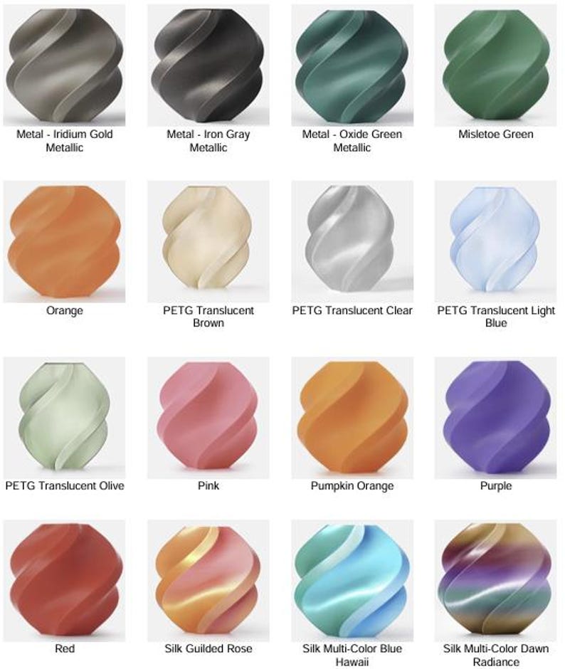 Pode incluir: Uma cole&ccedil;&atilde;o de vasos decorativos com design espiralado em v&aacute;rias cores, incluindo dourado met&aacute;lico, cinza ferro, verde, laranja, rosa e roxo. Cada vaso tem um design texturizado &uacute;nico e &eacute; rotulado com o nome da cor.