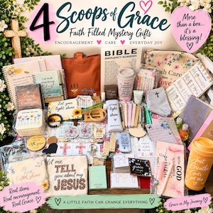 May include: A collection of faith-themed items including a rust-colored tote bag, a pink travel mug with text, a Bible emergency numbers card, notebooks, pens, floral-patterned pouches, and various cards with inspirational quotes and crosses.