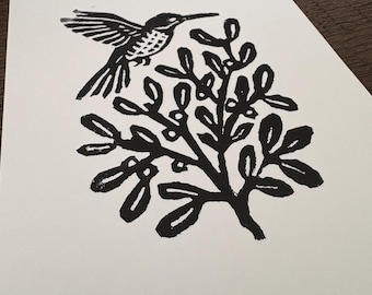 Impressão artística em linóleo de beija-flor