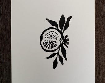 Gravura em linóleo de romã, fruto proibido