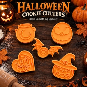 May include: Five orange plastic Halloween cookie cutters featuring a cauldron with a crescent moon, a round face with a stitched mouth, a bat with a central circle, a heart-shaped ghost figure, and a pumpkin wearing a witch hat with text above.