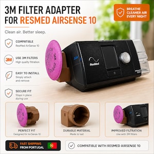 Peut inclure: Un adaptateur de filtre 3M en plastique marron pour appareil ResMed AirSense 10, présenté avec un filtre 3M circulaire rose fixé. L'image contient des étiquettes textuelles détaillant la compatibilité, l'installation et les avantages de filtration.