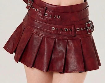 High Waist Mini Skirt Belted Pleated Y2K Punk Red Leather Outfit Women