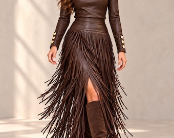 Western Leather Boho Fringe Skirt Set, Women's Cowgirl Outfit, Festival Clothing