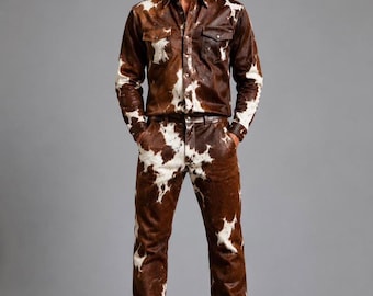 Men’s Cow Print Leather Set Western Cowboy Shirt and Pants Rodeo Festival Outfit