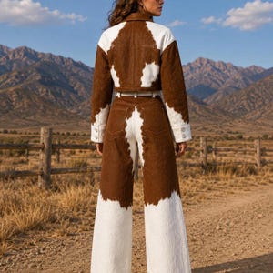 May include: A two-piece set consisting of a cropped jacket and wide-leg trousers, both featuring a brown and white cow-print pattern. The jacket has a collar and long sleeves with cuffs, while the trousers have a high waist with a belt.