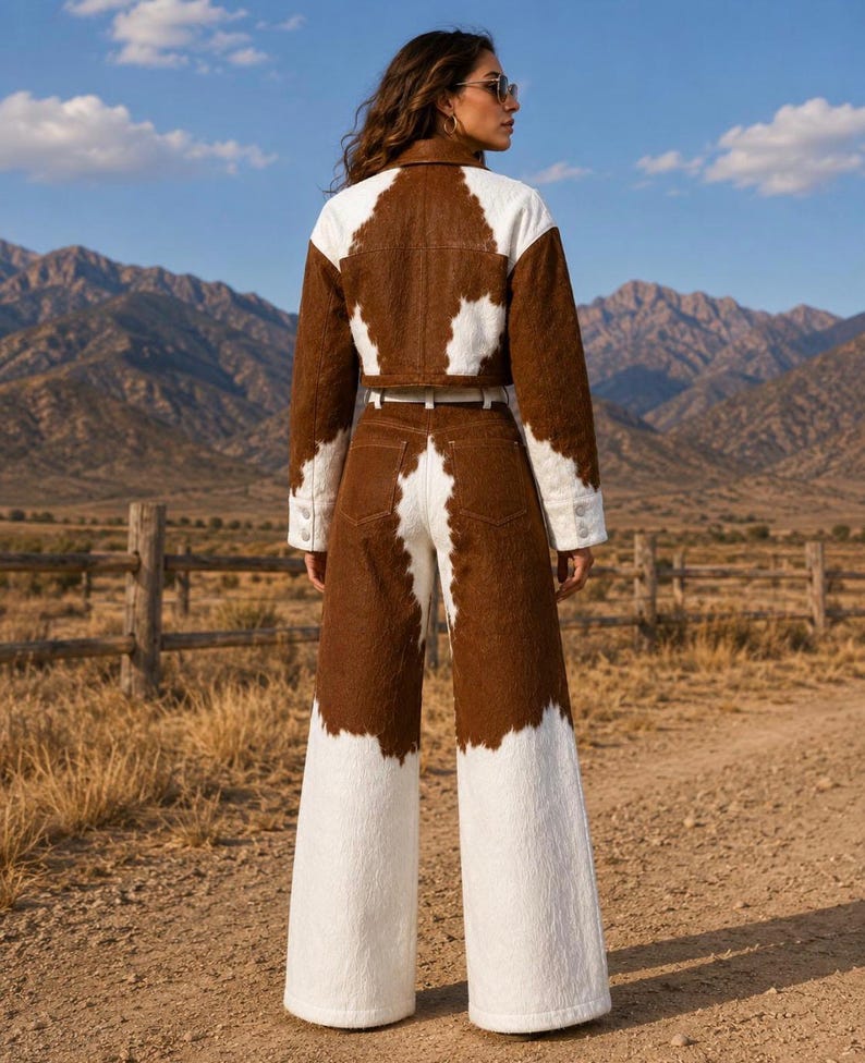 May include: A two-piece set consisting of a cropped jacket and wide-leg trousers, both featuring a brown and white cow-print pattern. The jacket has a collar and long sleeves with cuffs, while the trousers have a high waist with a belt.