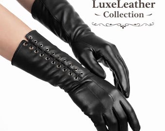 Longs gants d'opéra en cuir noir Gants de soirée gothiques élégants en cuir d'agneau
