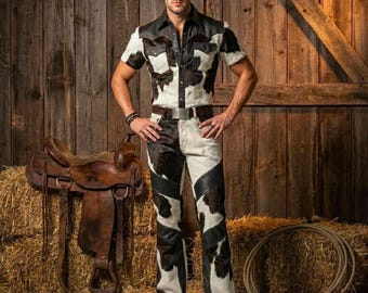 メンズ カウハイドレザーセット ウエスタン半袖シャツとパンツ ロデオ カウボーイ衣装