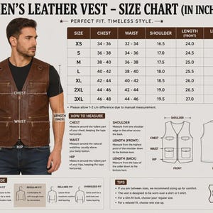 May include: A brown leather vest with multiple zippered pockets and D-rings, displayed alongside a size chart in inches. The chart details chest, waist, shoulder, and length measurements for sizes XS to 3XL, including instructions on how to measure.