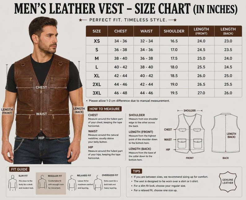 May include: A brown leather vest with multiple zippered pockets and D-rings, displayed alongside a size chart in inches. The chart details chest, waist, shoulder, and length measurements for sizes XS to 3XL, including instructions on how to measure.