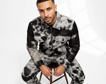 Herren Rindsleder Westernjacke und Hosen Set Cowboy Rodeo Festival Outfit für Männer