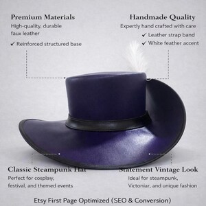 May include: A dark purple steampunk hat with a black leather band and a white feather accent. The hat is made of high-quality, durable faux leather with a reinforced structured base. The image includes text that says "Classic Steampunk Hat" and "Handmade Quality".