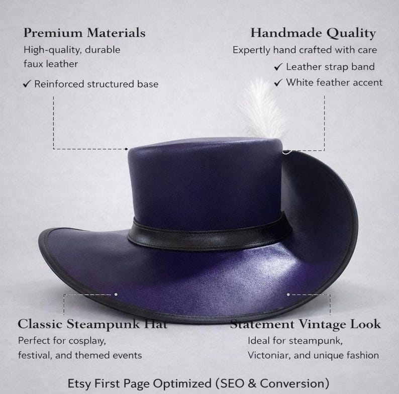 May include: A dark purple steampunk hat with a black leather band and a white feather accent. The hat is made of high-quality, durable faux leather with a reinforced structured base. The image includes text that says "Classic Steampunk Hat" and "Handmade Quality".