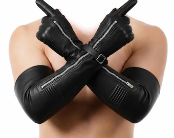 Luvas longas de couro preto com zíper no braço, estilo gótico para cosplay feminino.