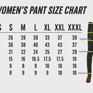 May include: A size chart for pants with the title WOMEN'S PANT SIZE CHART. It displays measurements for waist, hip, thigh, knee, and ankle in inches across sizes XS to XXXL. A diagram of black pants shows lines indicating where these measurements are taken.