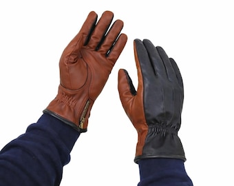 Luvas de condução masculinas em couro genuíno, marrom e preto, bicolor, com zíper, para o inverno.