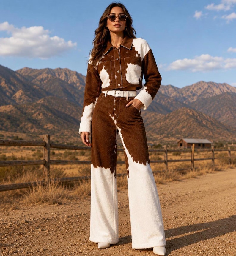 May include: A two-piece set consisting of a cropped long-sleeve jacket and high-waisted wide-leg pants, both featuring a brown and white cow-print pattern. The jacket has a collar and front buttons, while the pants include a white belt.