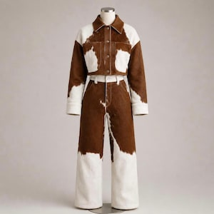 May include: A two-piece set consisting of a cropped long-sleeve jacket and high-waisted wide-leg trousers. Both pieces feature a brown and white cow-print pattern. The jacket has a pointed collar, front button closure, and two chest pockets.