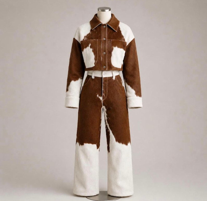 May include: A two-piece set consisting of a cropped long-sleeve jacket and high-waisted wide-leg trousers. Both pieces feature a brown and white cow-print pattern. The jacket has a pointed collar, front button closure, and two chest pockets.