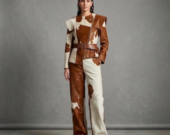 Women's Cowhide Leather Suit Belted Statement Jacket and Wide Leg Pants Western Set