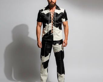 メンズ カウハイドレザーセット ウエスタンレースアップシャツ＆パンツ ロデオステージウェア衣装