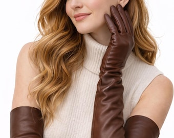 Long Brown Leather Opera Gloves Women Elbow Length Genuine Sheepskin Winter
