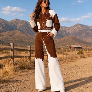 May include: A two-piece set consisting of a cropped long-sleeve jacket and high-waisted wide-leg trousers. Both pieces feature a brown and white cow-print pattern. The jacket has a collar and front buttons, while the trousers include a white belt.