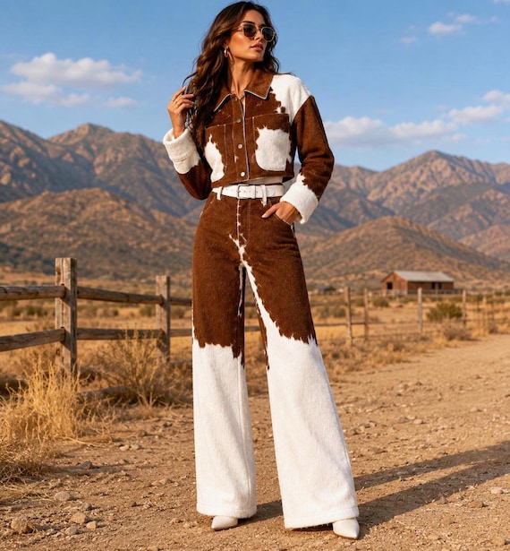 Women’s Cowhide Jacket and Wide Leg Pants Set Western Festival and Rodeo Outfit