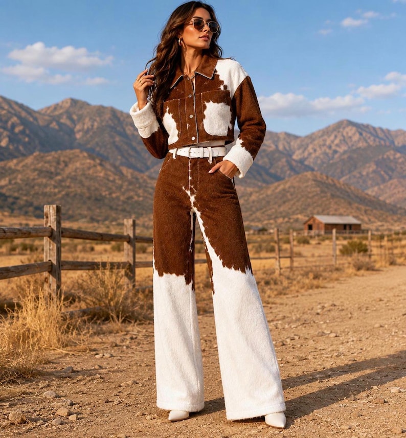 May include: A two-piece set consisting of a cropped long-sleeve jacket and high-waisted wide-leg trousers. Both pieces feature a brown and white cow-print pattern. The jacket has a collar and front buttons, while the trousers include a white belt.