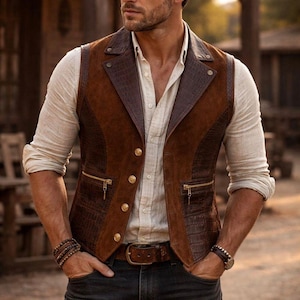 May include: A brown suede vest with a leather collar and accents, featuring gold buttons and zipper pockets. The vest is worn over a light-colored button-down shirt and paired with dark denim jeans and a brown leather belt.
