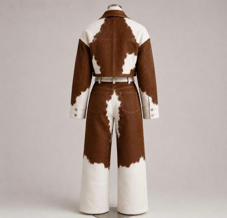 May include: A two-piece set consisting of a cropped jacket and high-waisted wide-leg trousers, both featuring a brown and white cow-print pattern. The jacket has a collar and long sleeves, while the trousers include a matching belt at the waist.