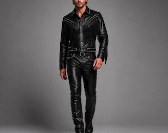 Traje de cuero estilo western para hombre con flecos, chaqueta vaquera con tachuelas y pantalones, atuendo de rodeo.