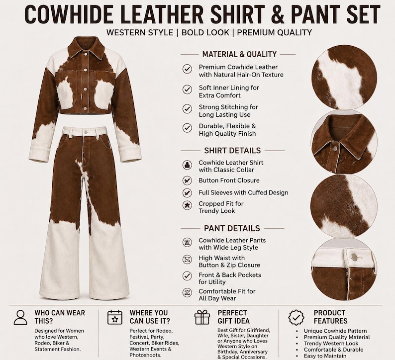 May include: A cowhide leather shirt and pant set featuring a brown and white spotted pattern. The shirt has a classic collar, button front, and long sleeves with cuffs. The pants feature a high waist, wide leg style, and a button and zip closure.