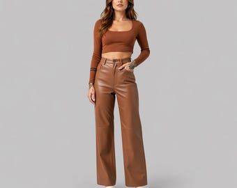 Women High Waist Leather Pants Straight Leg Handmade SheepLeather Custom Fit Trousers Brown
